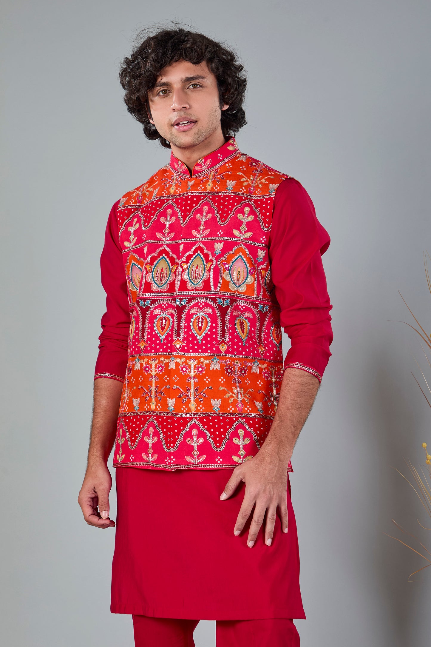 Royal Red Men’s Printed Kurta Jacket Set in Silk