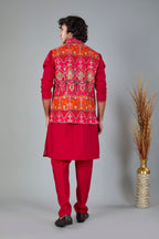 Royal Red Men’s Printed Kurta Jacket Set in Silk for Wedding Occasions