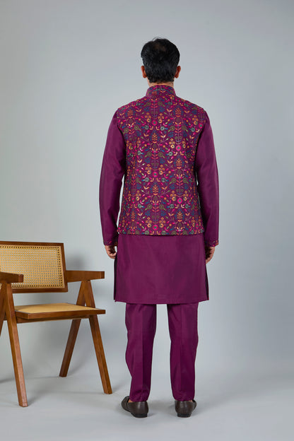 Wedding Look Wine Purple Raw Silk Kurta Jacket Set
