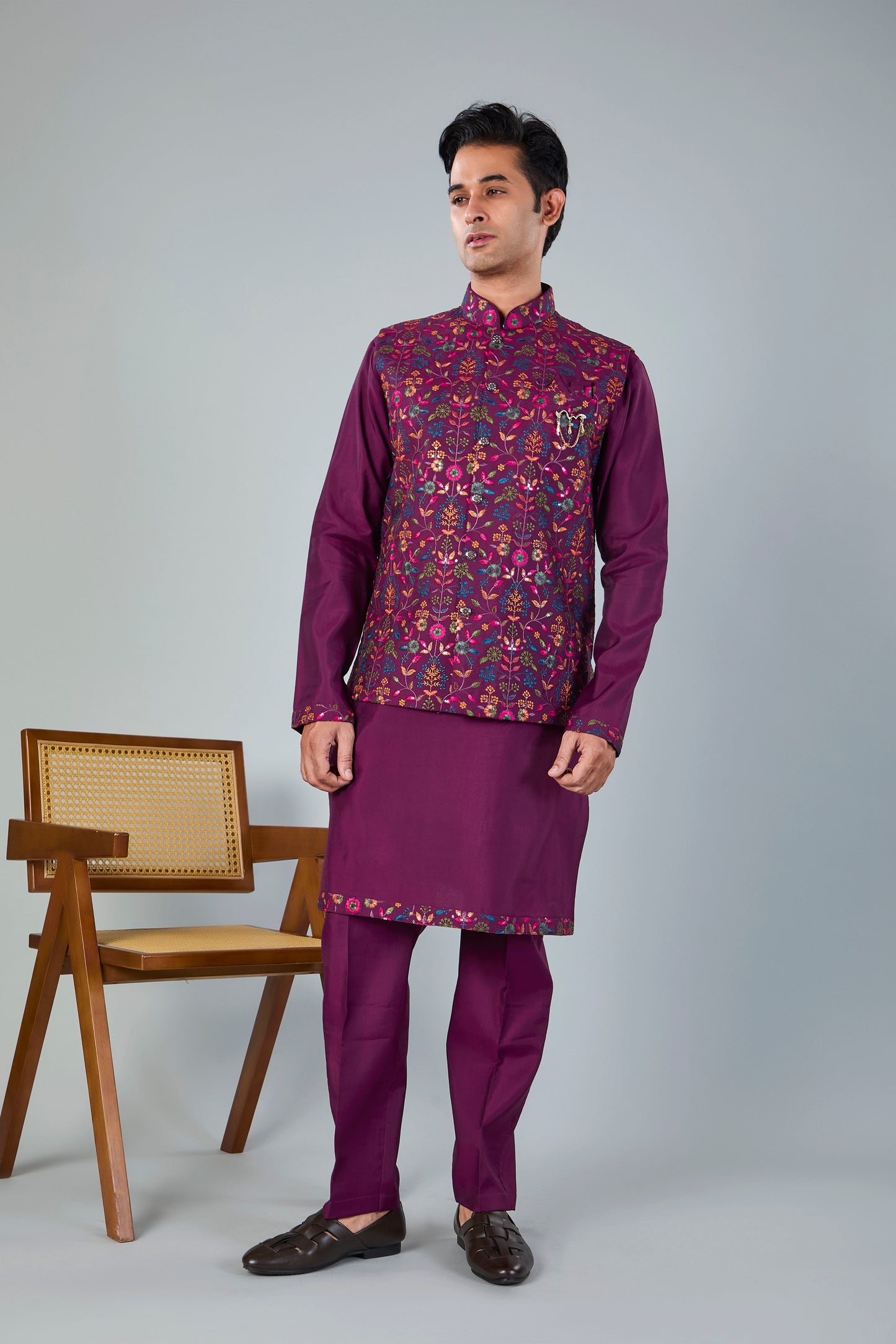 Wedding Look Wine Purple Raw Silk Kurta Jacket Set