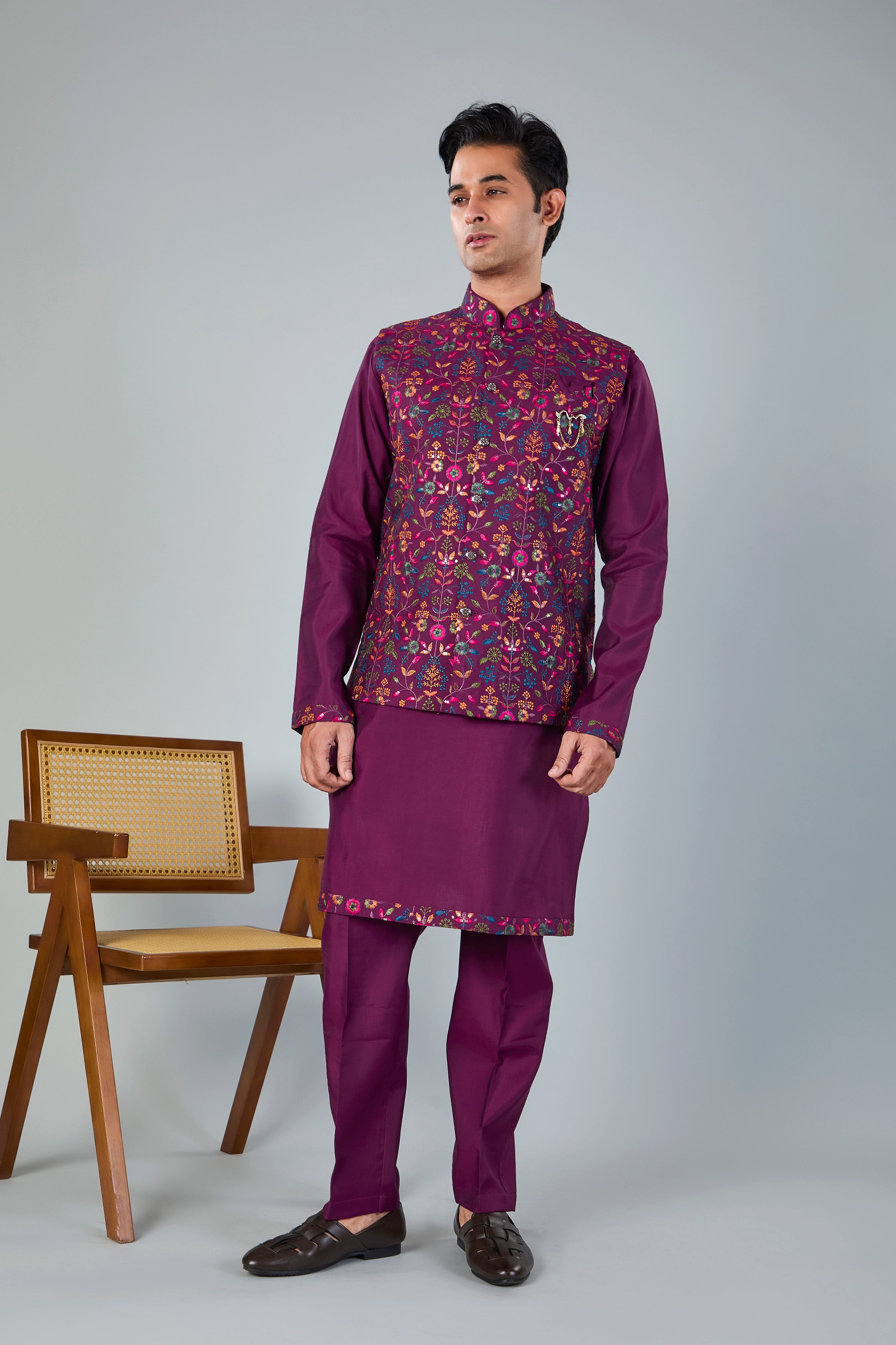 Wedding Look Wine Puple Raw Silk Kurta Jacket Set with Full Sleeves