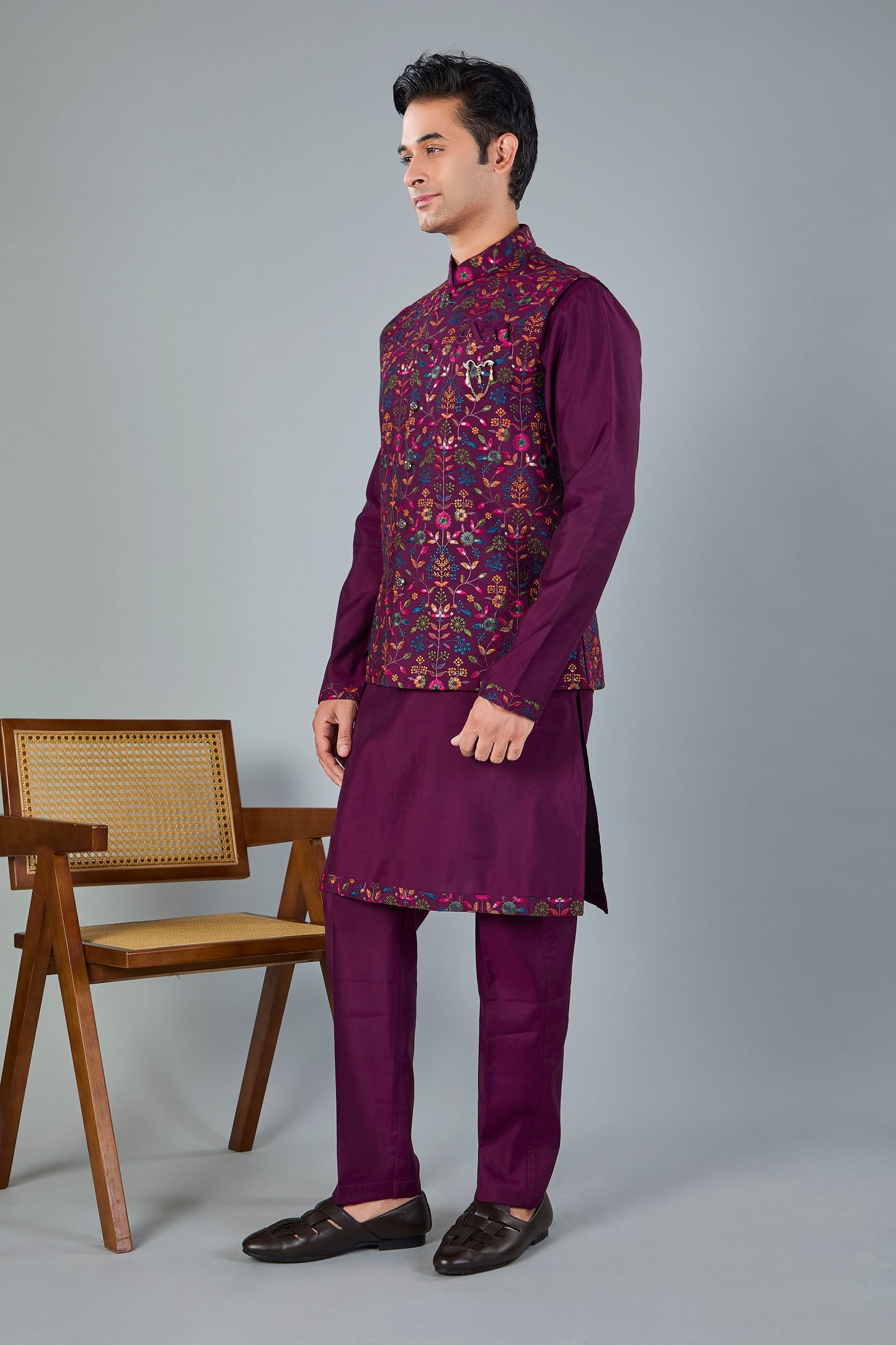Wedding Look Wine Purple Raw Silk Kurta Jacket Set