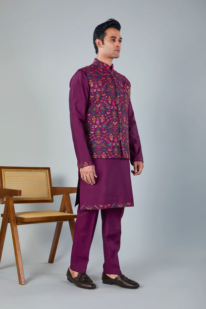 Wedding Look Wine Purple Raw Silk Kurta Jacket Set