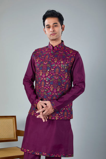 Wedding Look Wine Purple Raw Silk Kurta Jacket Set