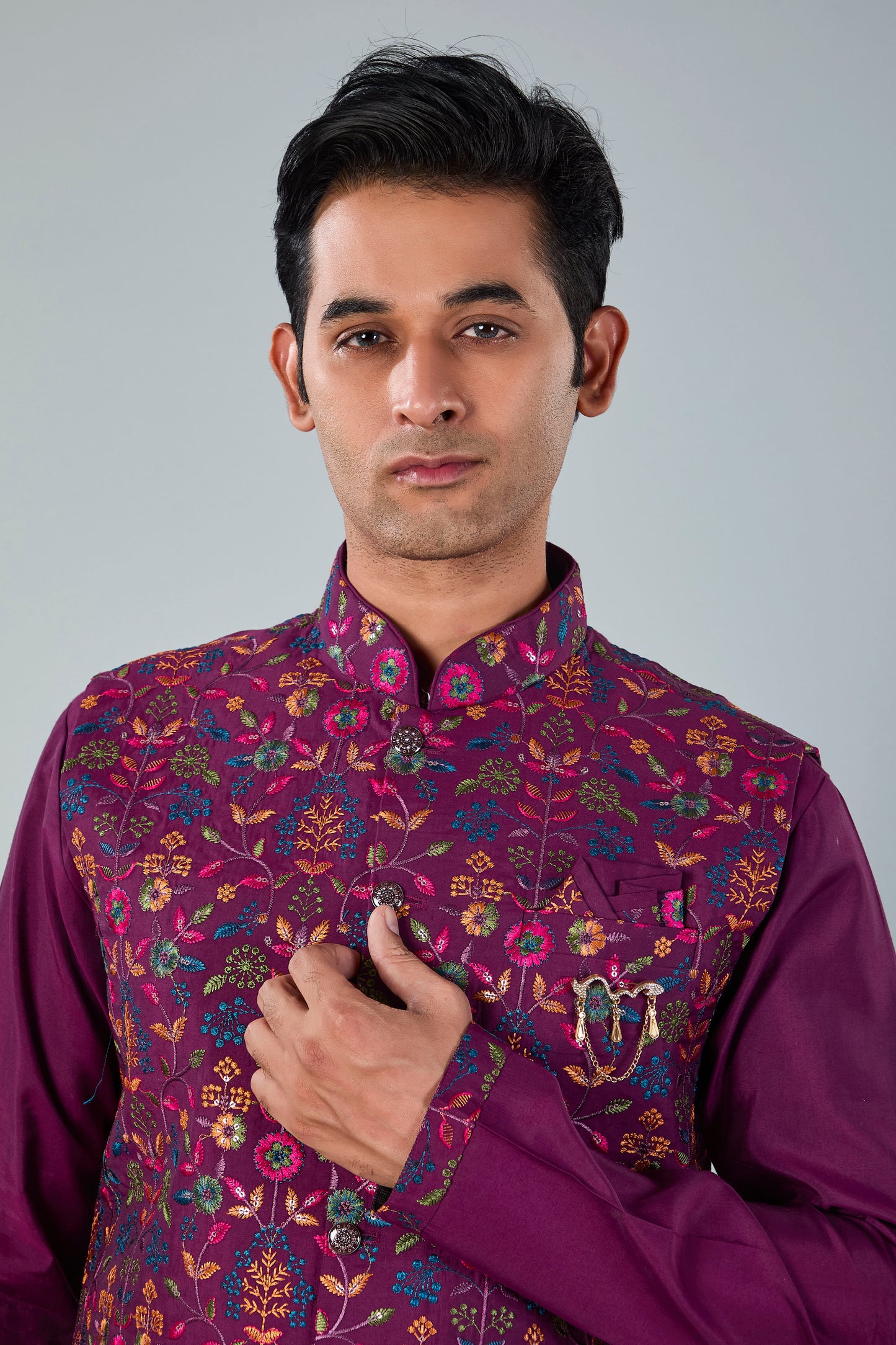 Wedding Look Wine Purple Raw Silk Kurta Jacket Set