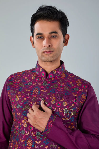 Wedding Look Wine Purple Raw Silk Kurta Jacket Set