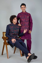 Men's Navy Raw Silk Embroidered Kurta Jacket Set with Comfort Fit