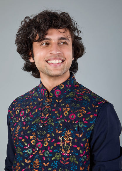 Men's Navy Raw Silk Embroidered Kurta Jacket Set with Comfort Fit