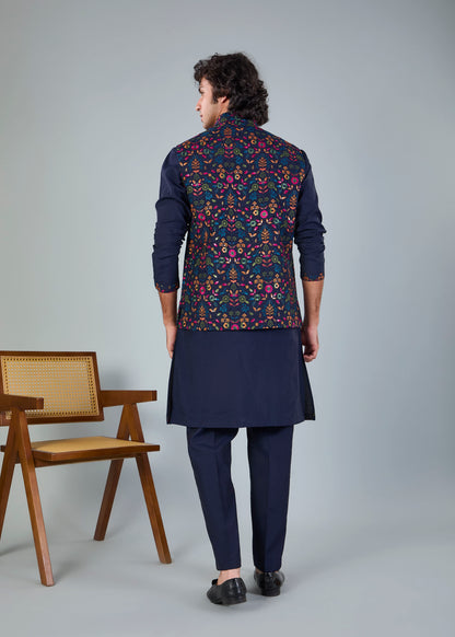 Men's Navy Raw Silk Embroidered Kurta Jacket Set with Comfort Fit