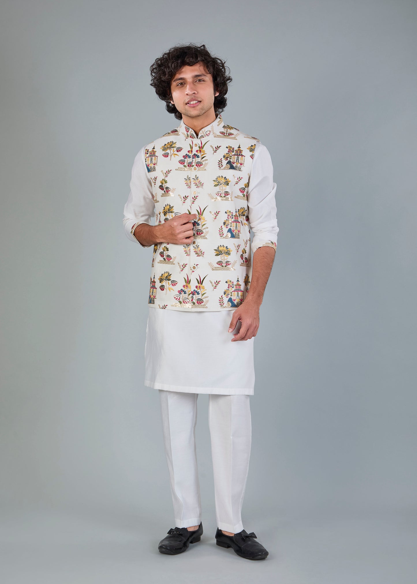 Men's Off-White Kurta Jacket Set in Raw Silk
