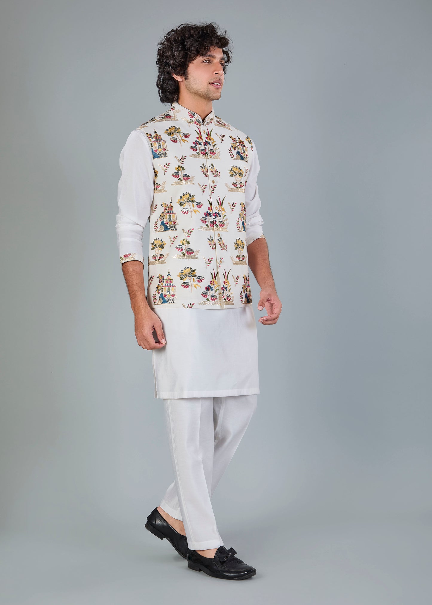 Men's Off-White Kurta Jacket Set in Raw Silk