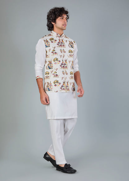 Men's Off-White Kurta Jacket Set in Raw Silk