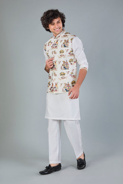 Men's Off-White Kurta Jacket Set in Raw Silk