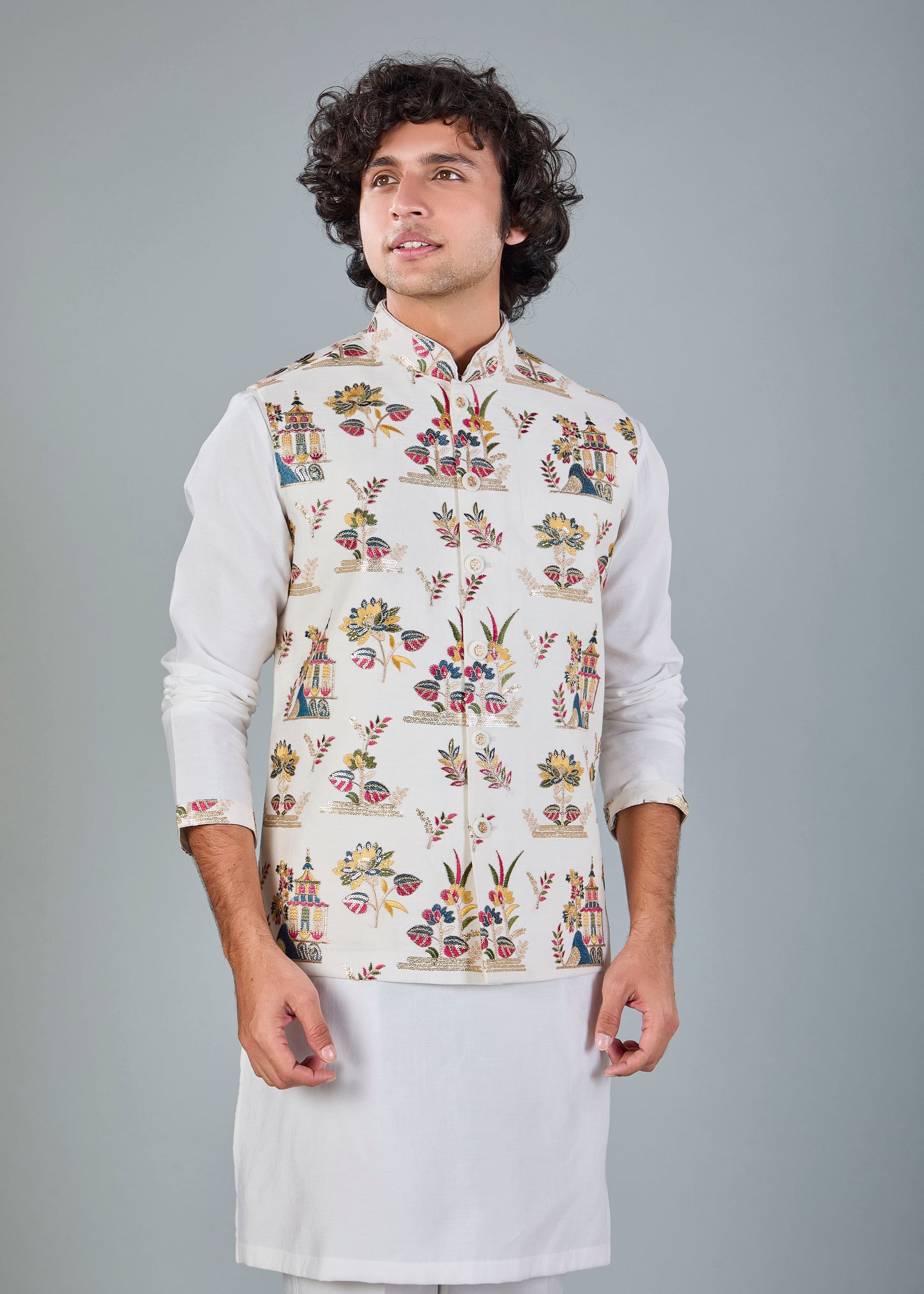 Men's Off-White Kurta Jacket Set in Raw Silk