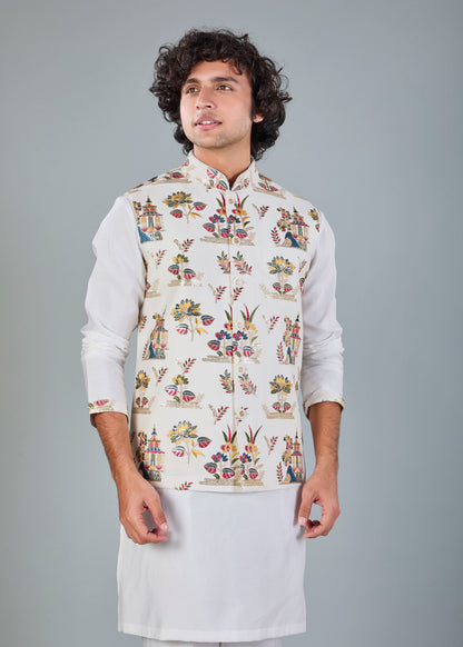 Men's Off-White Kurta Jacket Set in Raw Silk