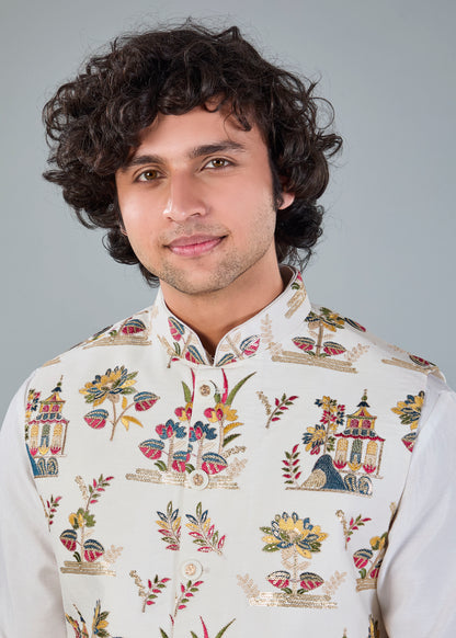 Men's Off-White Kurta Jacket Set in Raw Silk