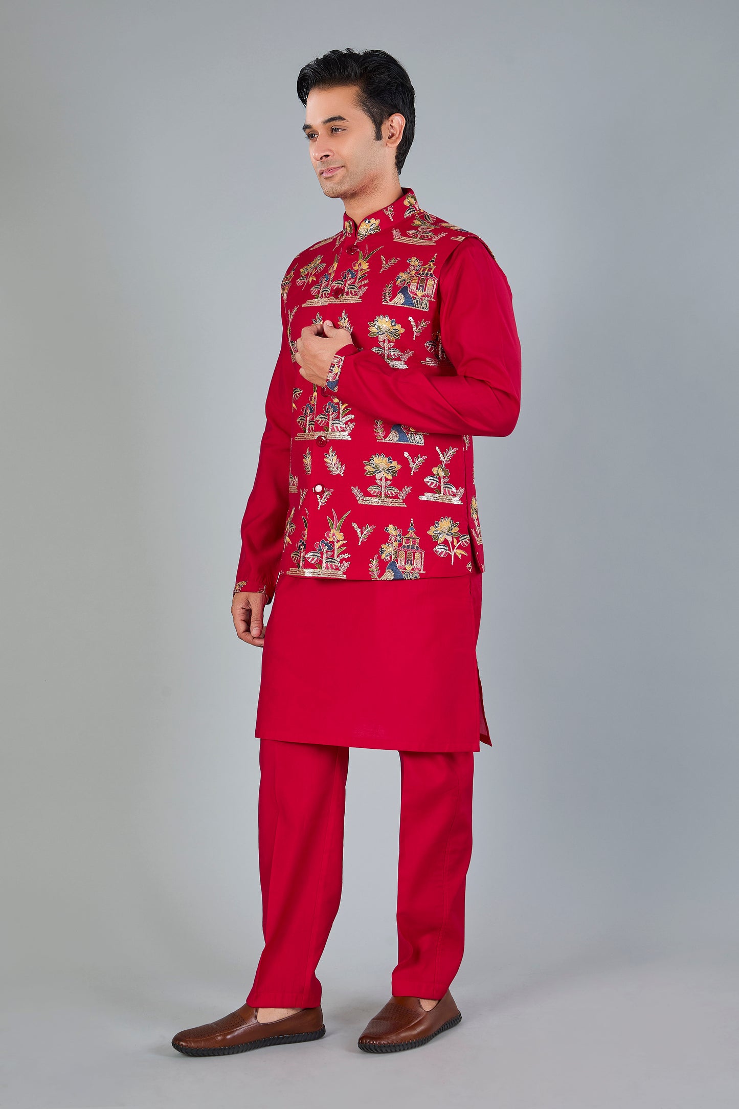 Raw silk Kurta Jacket Set for Wedding Celebrations