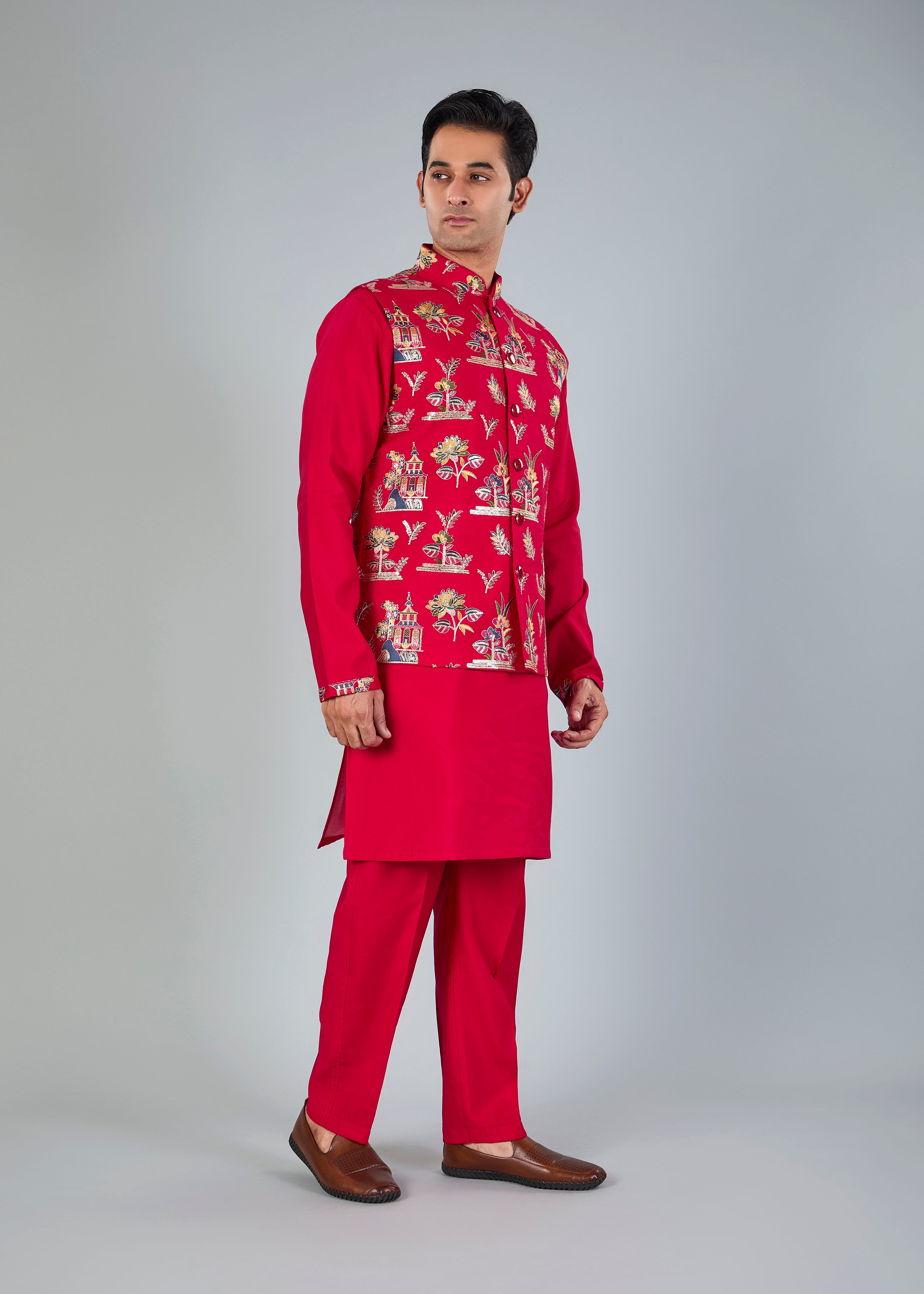 Magenta Men’s Raw silk Kurta Jacket Set for Wedding Celebrations