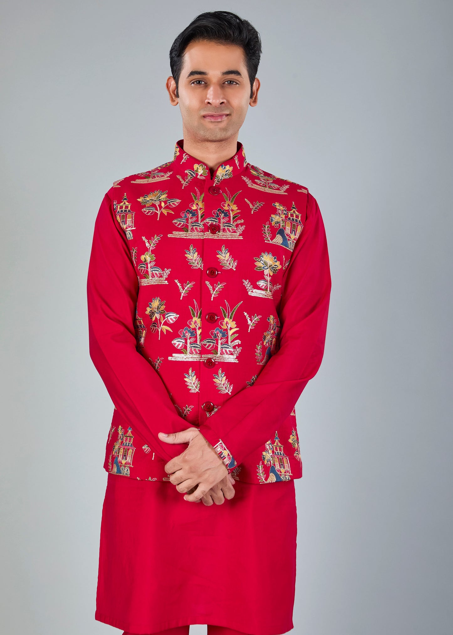 Raw silk Kurta Jacket Set for Wedding Celebrations