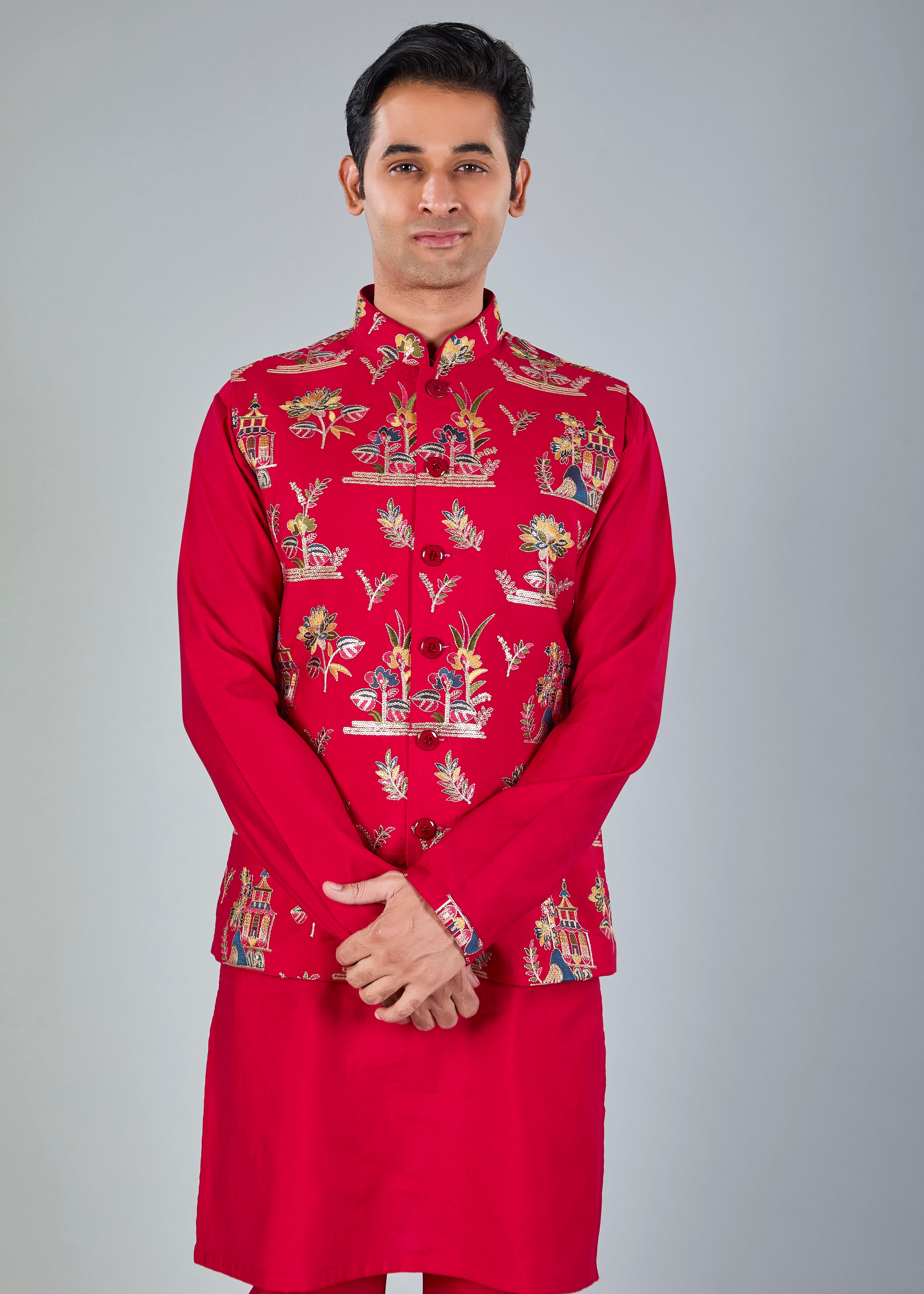 Magenta Men’s Raw silk Kurta Jacket Set for Wedding Celebrations