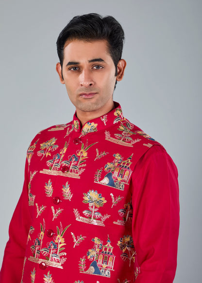 Raw silk Kurta Jacket Set for Wedding Celebrations