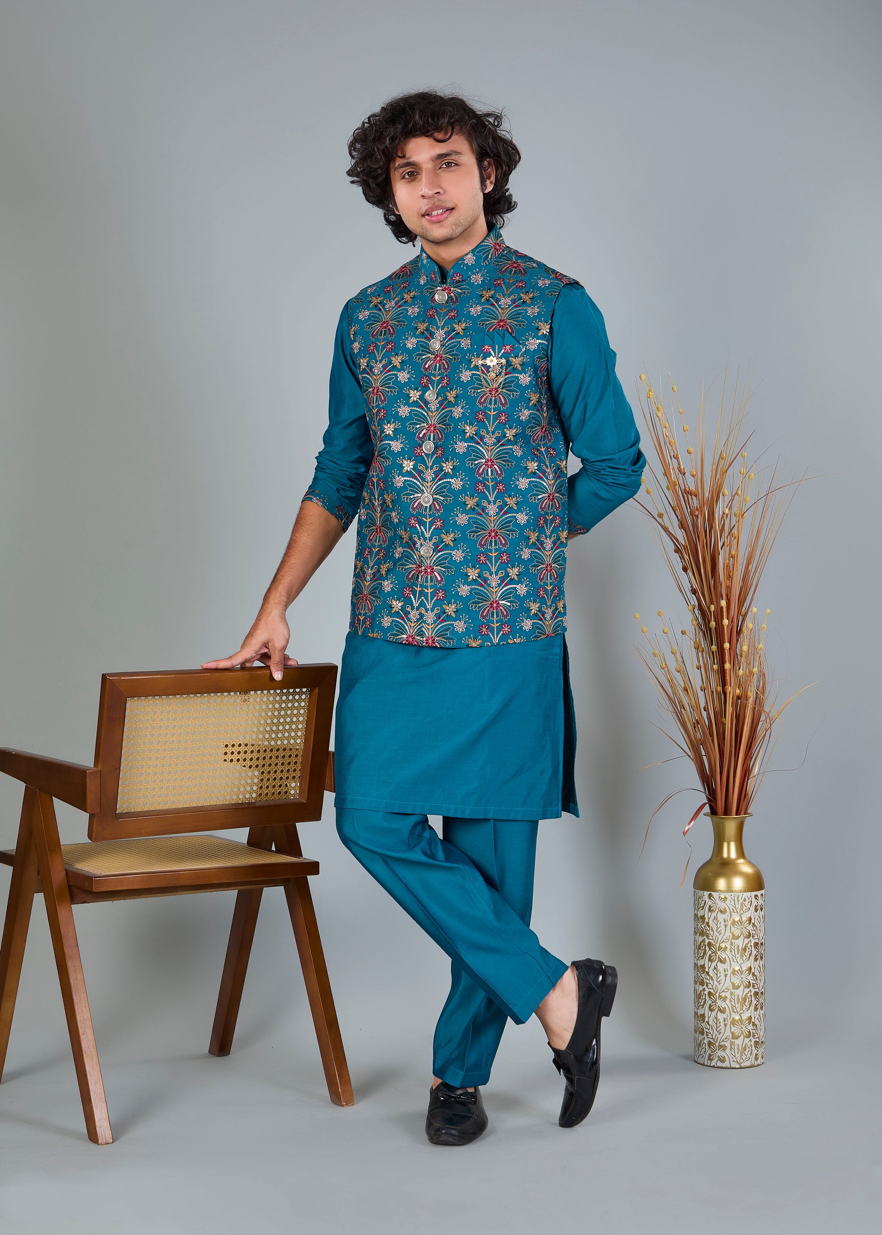 Rich Raw Silk Men’s Kurta Jacket Set in Peacock Blue for Festive Style