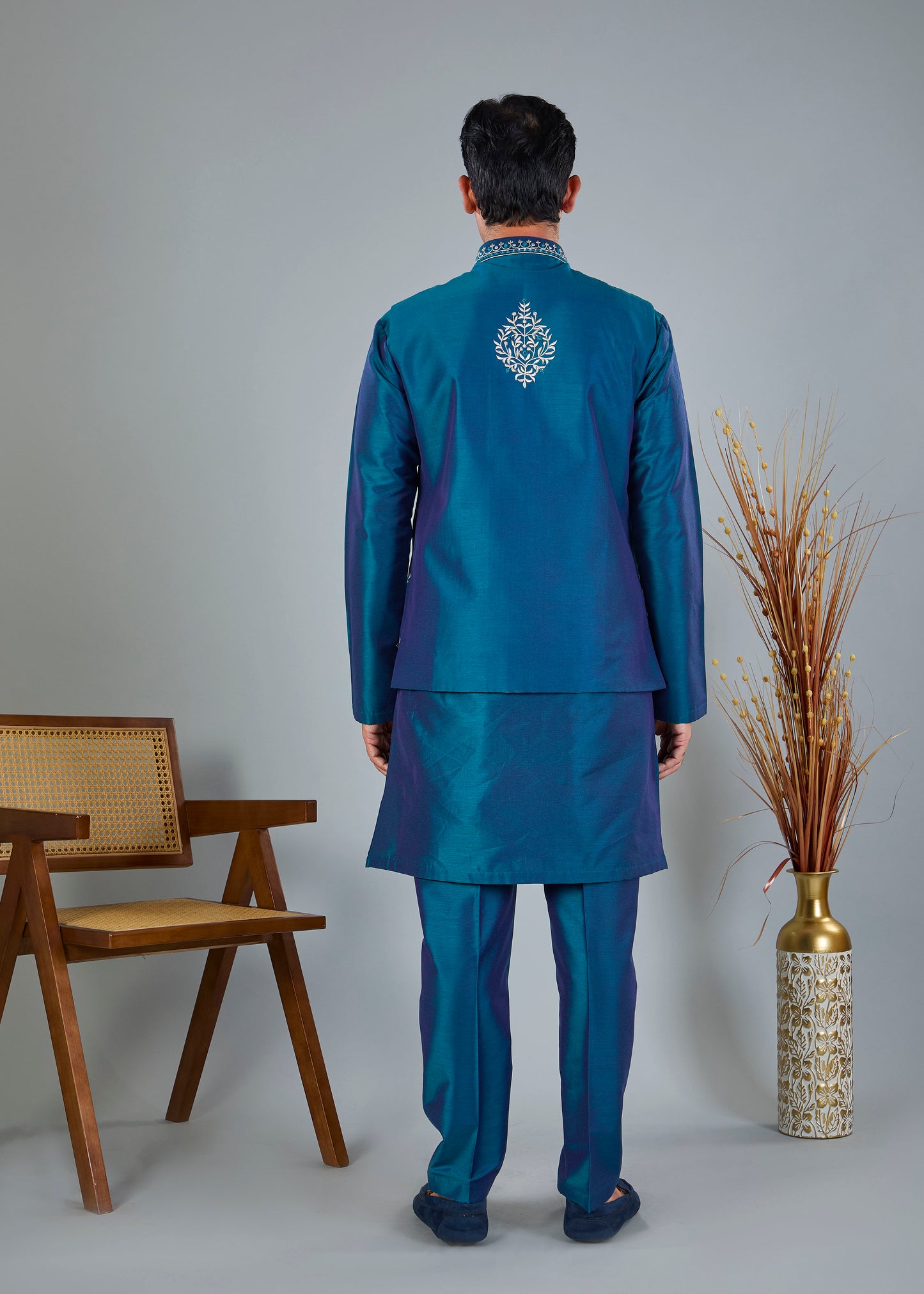Pastel Green Men's Kurta Jacket Set with Embroidery Touch