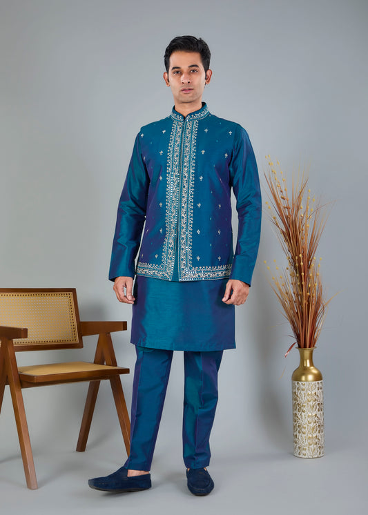 Pastel Green Men's Kurta Jacket Set with Embroidery Touch