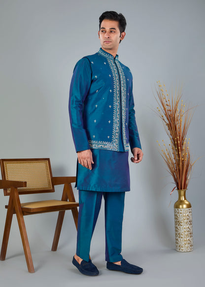 Pastel Green Men's Kurta Jacket Set with Embroidery Touch