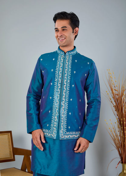Pastel Green Men's Kurta Jacket Set with Embroidery Touch