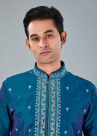 Pastel Green Men's Kurta Jacket Set with Embroidery Touch