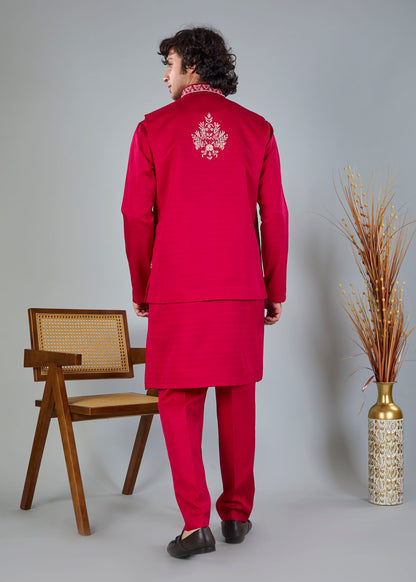 Royal Magenta Raw Silk Kurta Jacket Set for Wedding Celebrations