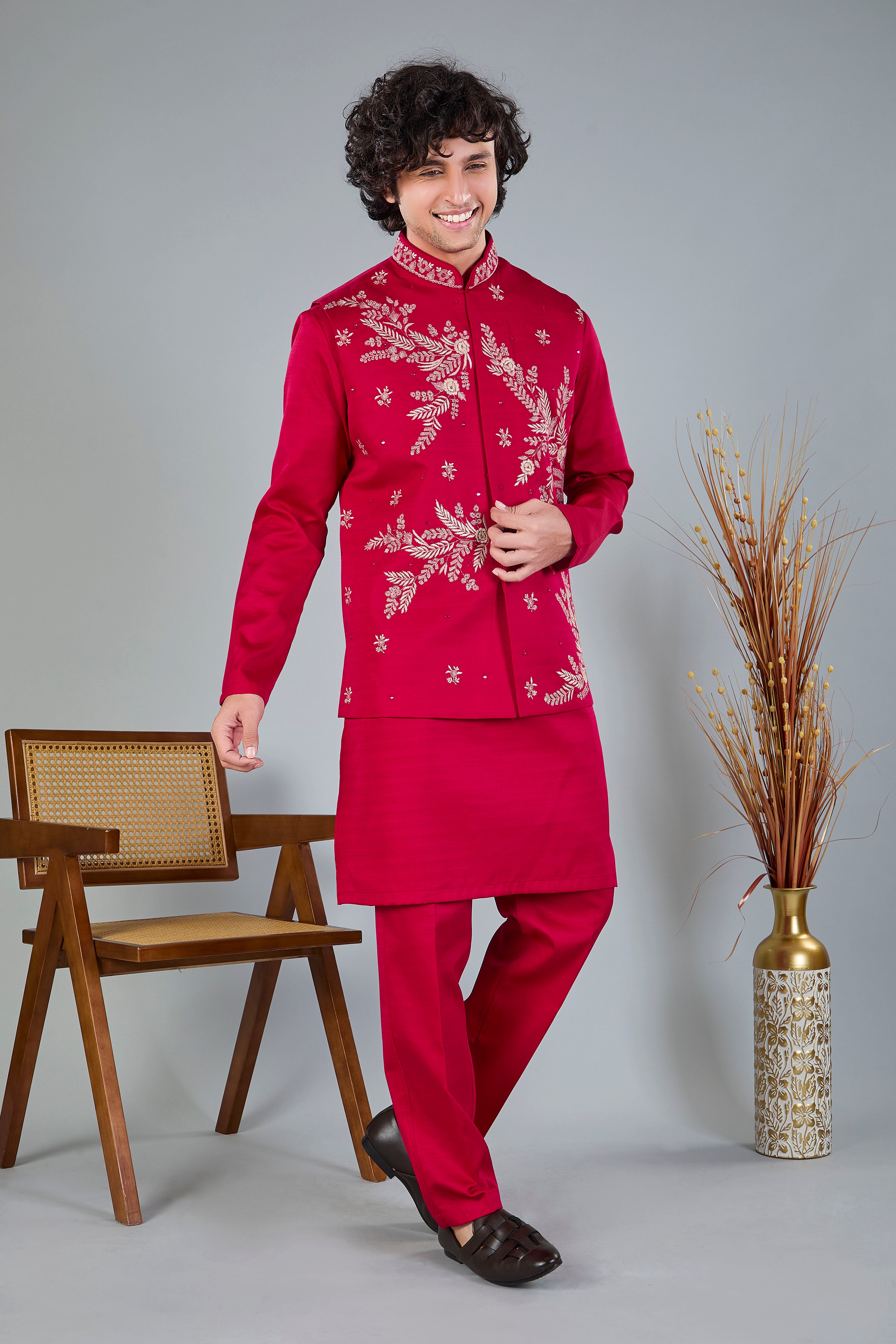 Royal Magenta Raw Silk Kurta Jacket Set for Wedding Celebrations