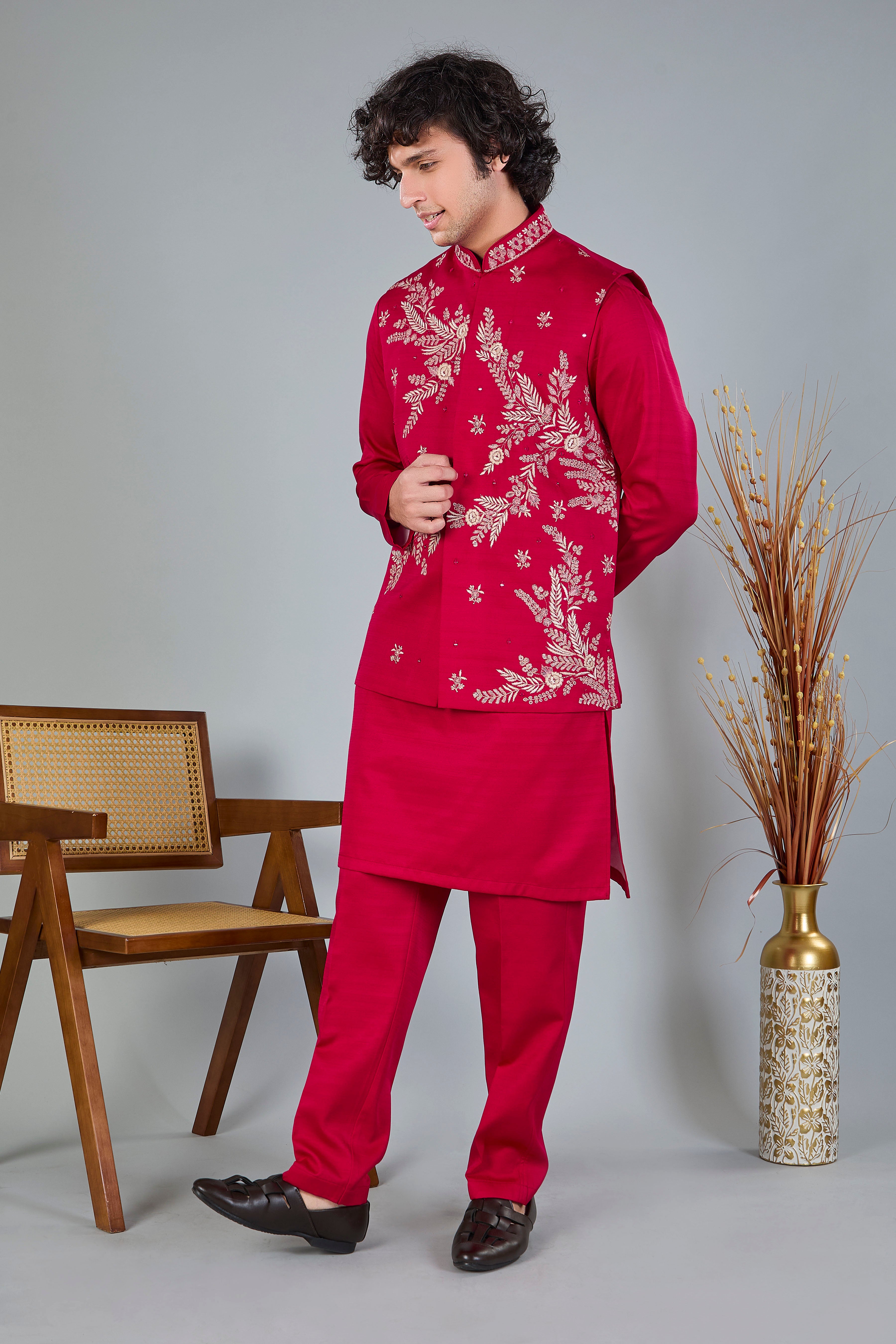 Royal Magenta Raw Silk Kurta Jacket Set for Wedding Celebrations