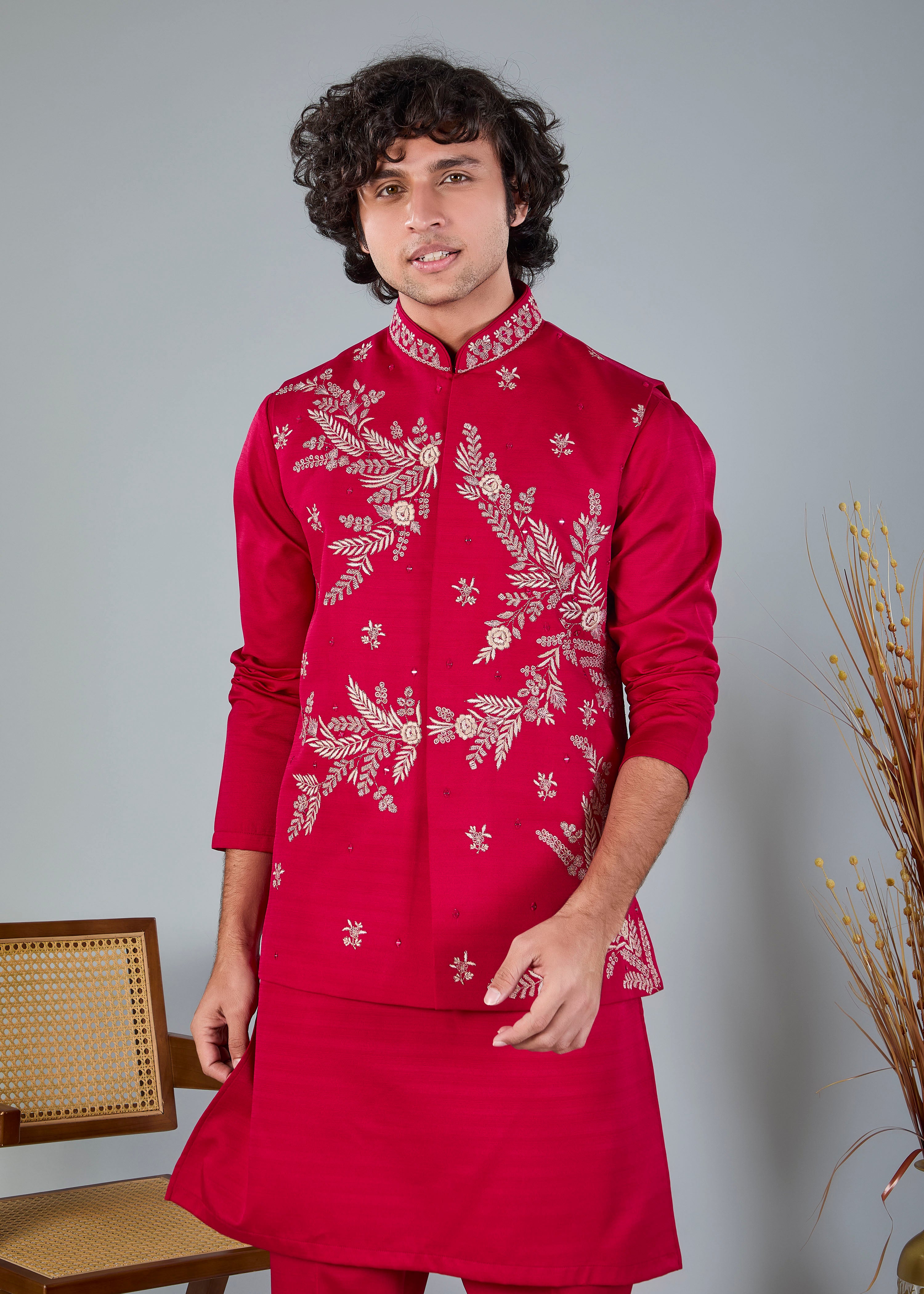 Royal Magenta Raw Silk Kurta Jacket Set for Wedding Celebrations
