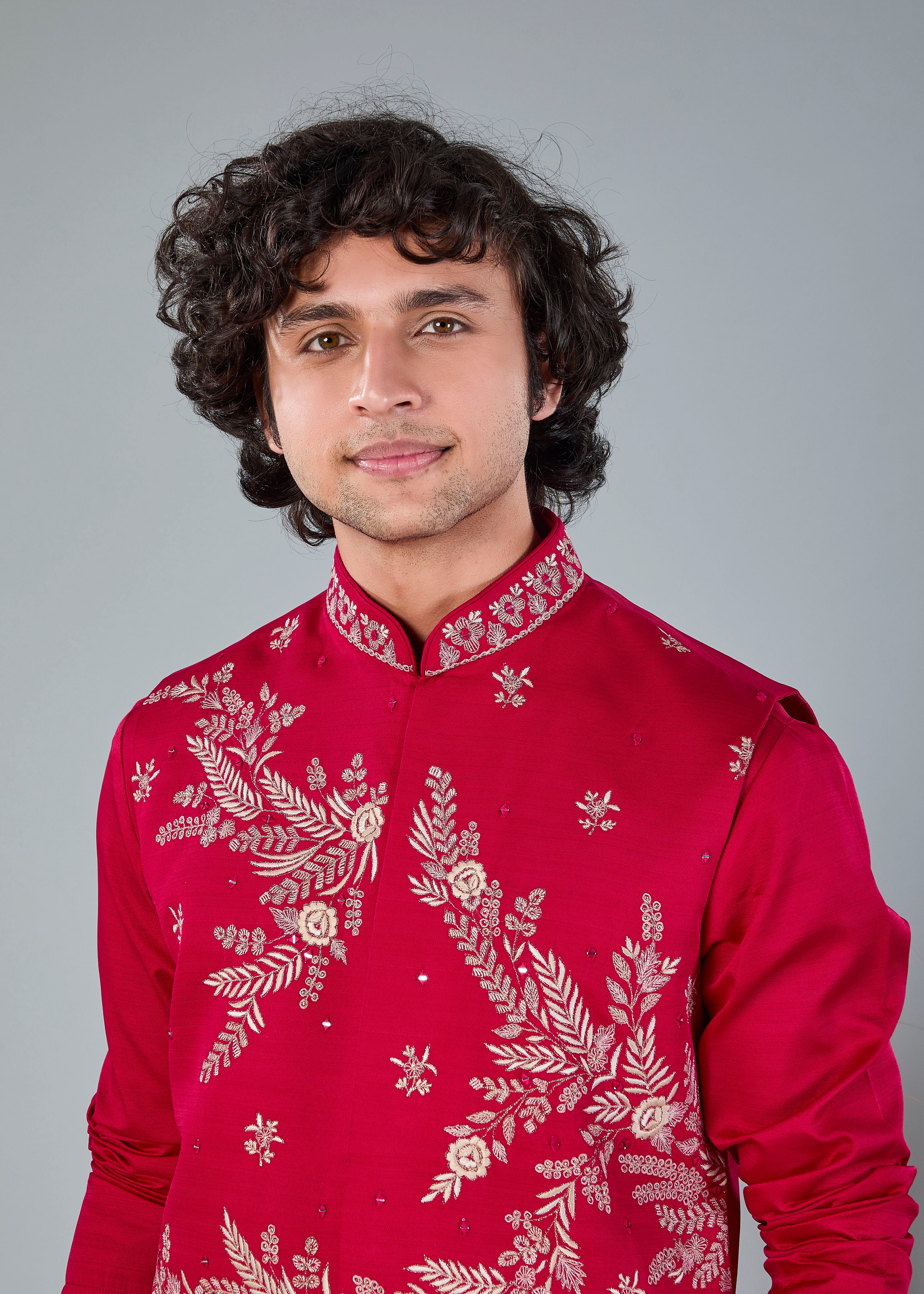 Royal Magenta Raw Silk Kurta Jacket Set for Wedding Celebrations