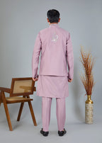 Raw Silk Men's Kurta Jacket Set Pastel Pink  with Modern Styling