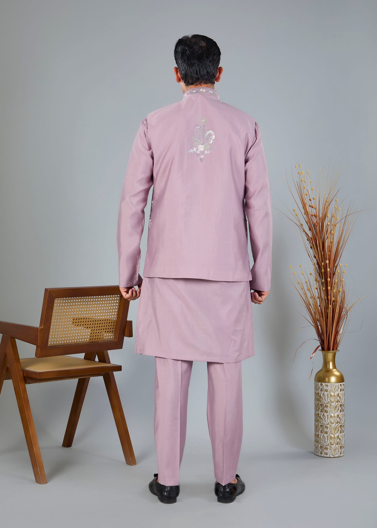 Raw Silk Men's Kurta Jacket Set Pastel Pink