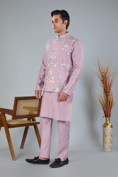 Raw Silk Men's Kurta Jacket Set Pastel Pink