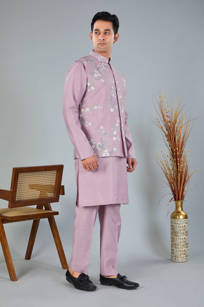 Raw Silk Men's Kurta Jacket Set Pastel Pink