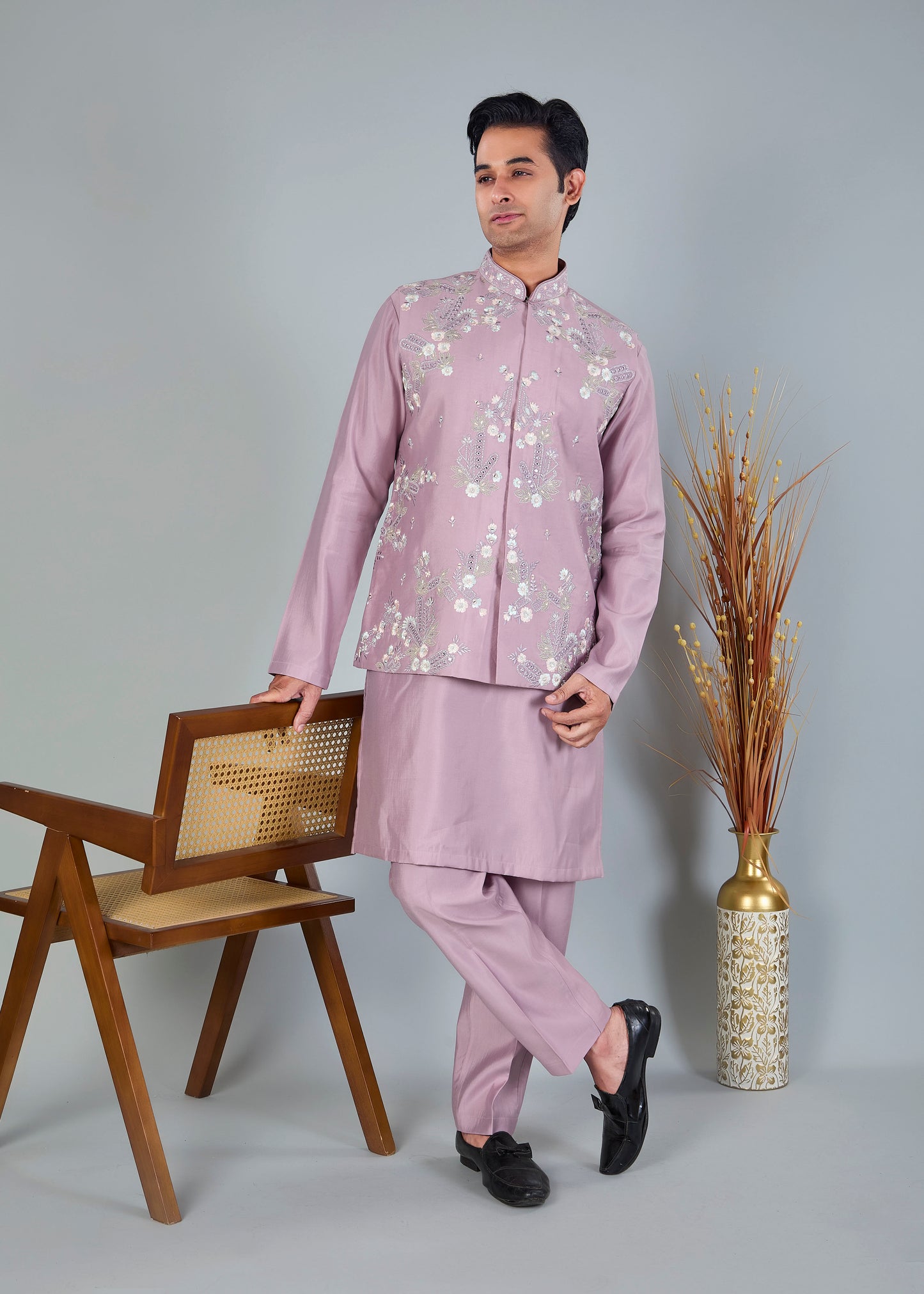 Raw Silk Men's Kurta Jacket Set Pastel Pink