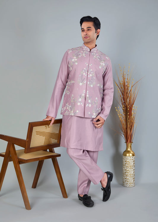 Raw Silk Men's Kurta Jacket Set Pastel Pink