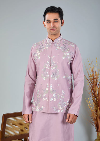 Raw Silk Men's Kurta Jacket Set Pastel Pink