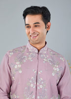 Raw Silk Men's Kurta Jacket Set Pastel Pink  with Modern Styling