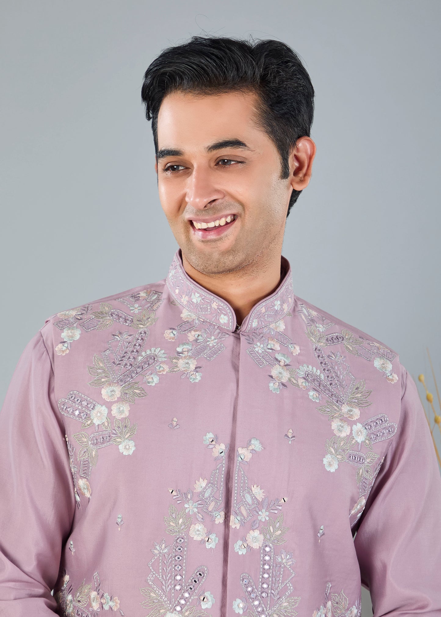 Raw Silk Men's Kurta Jacket Set Pastel Pink