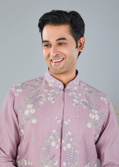 Raw Silk Men's Kurta Jacket Set Pastel Pink