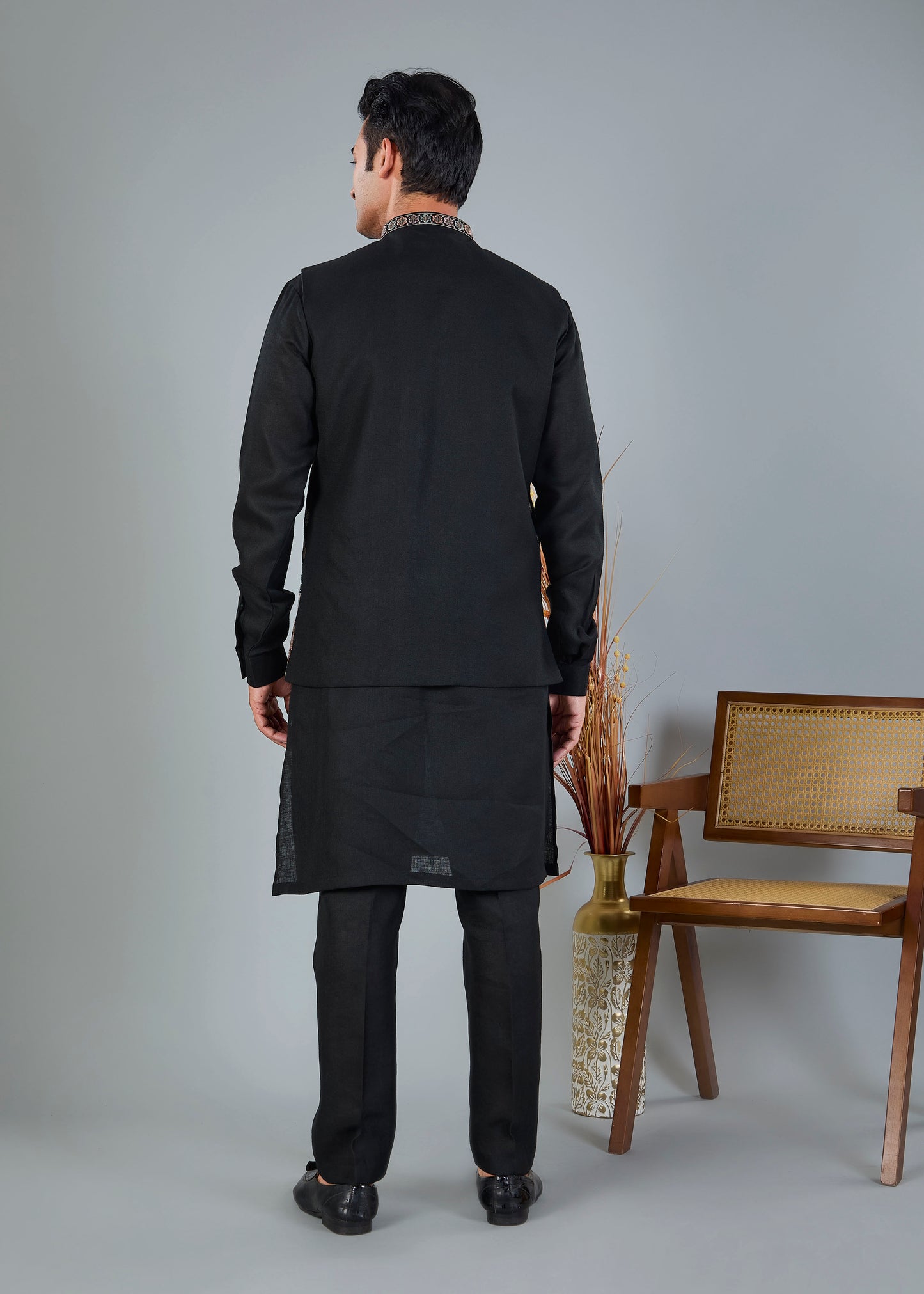 Men's Black Kurta Jacket Set with Zari and Resham Work