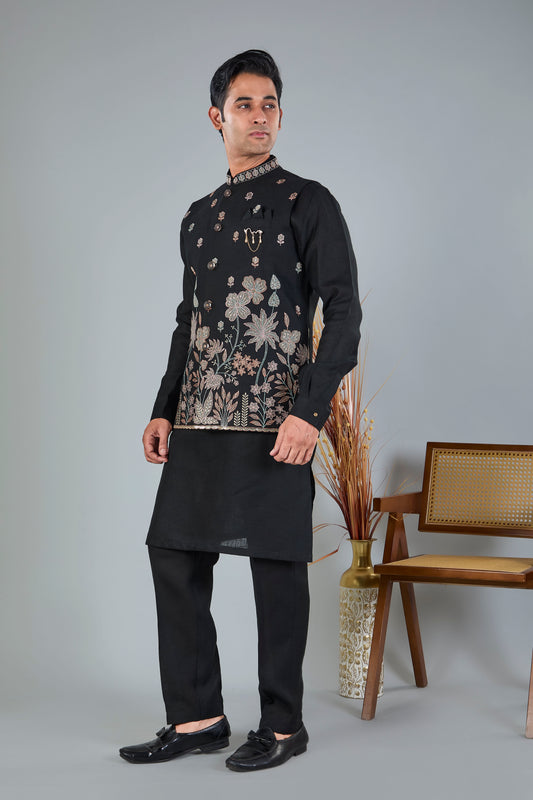 Men's Black Kurta Jacket Set with Zari and Resham Work