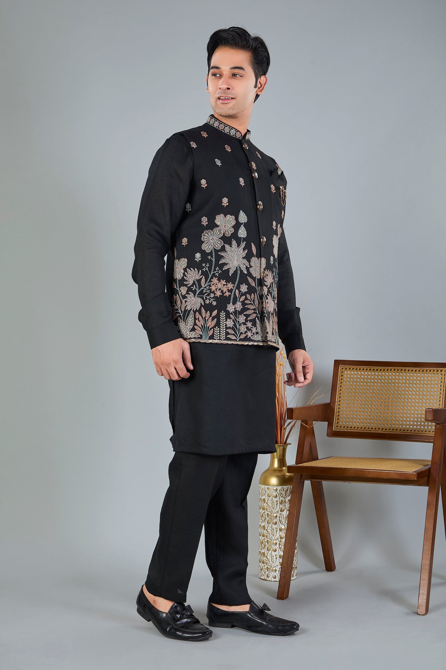 Men's Black Kurta Jacket Set with Zari and Resham Work