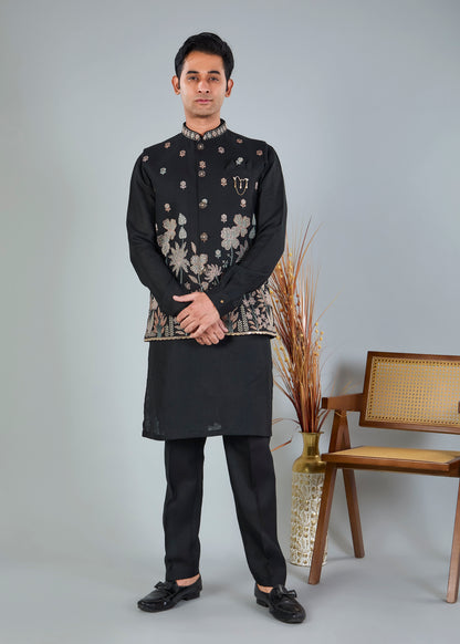 Men's Black Kurta Jacket Set with Zari and Resham Work